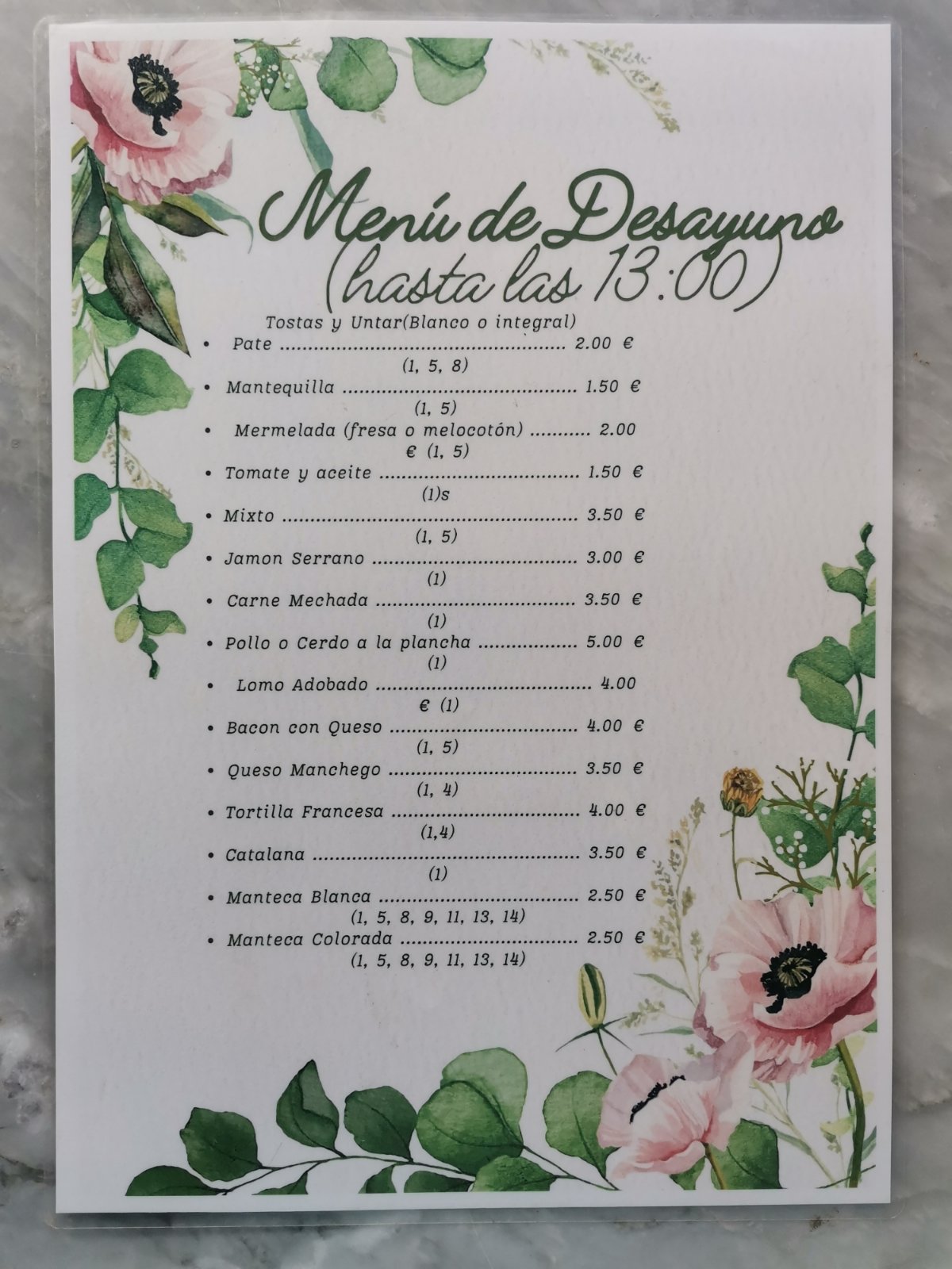 Menú de desayuno de la cafetería