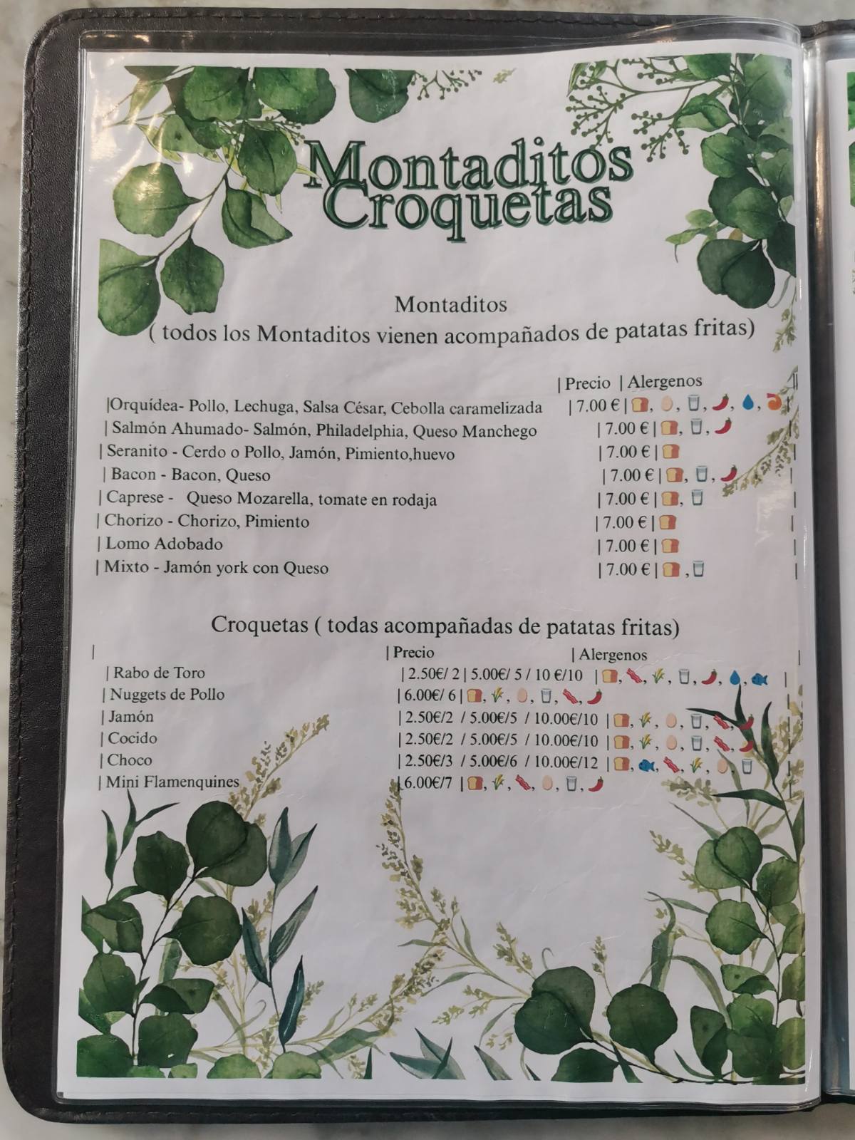 Menú de montaditos y croquetas de la cafetería