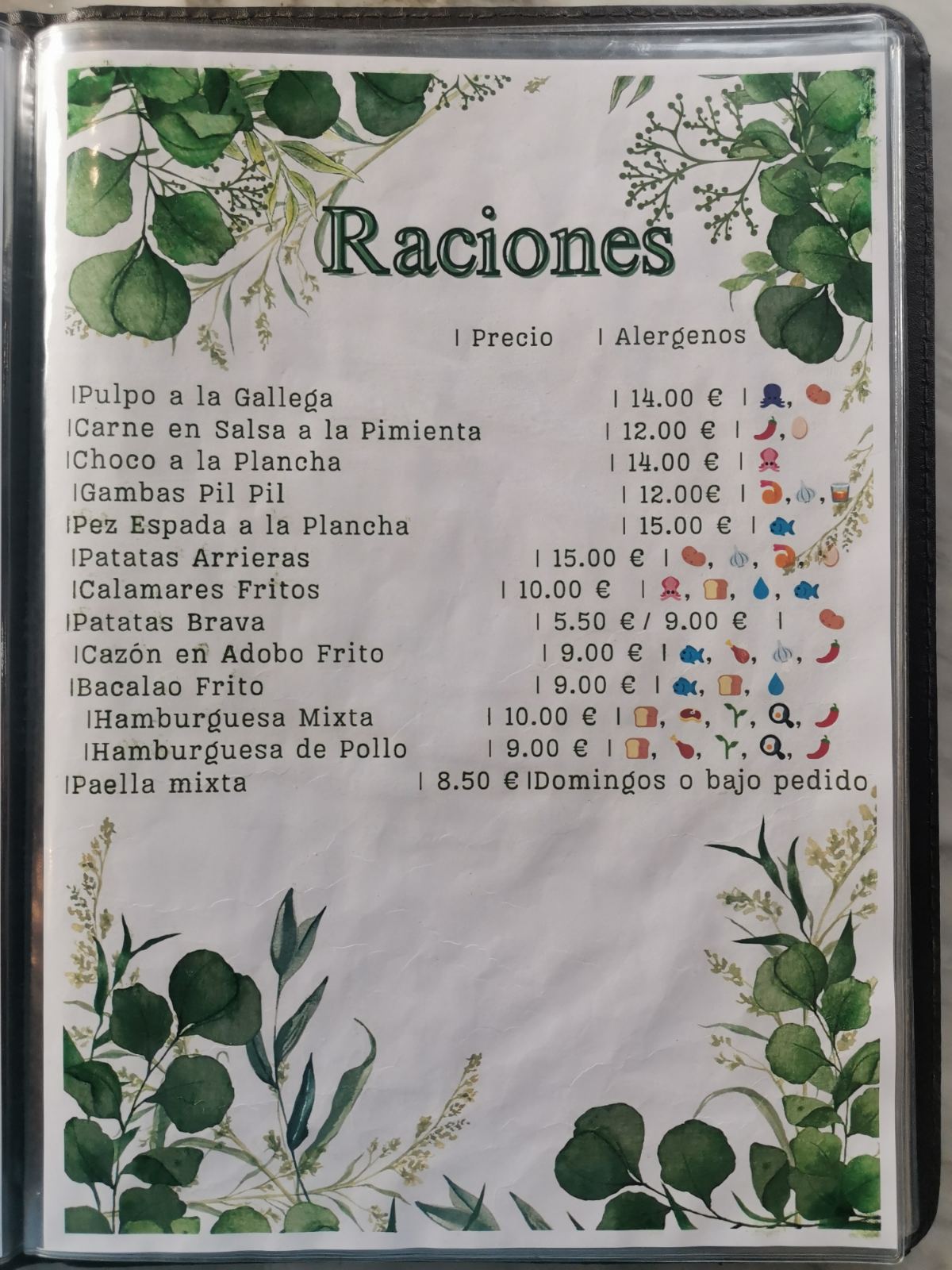 Menú de raciones de la cafetería