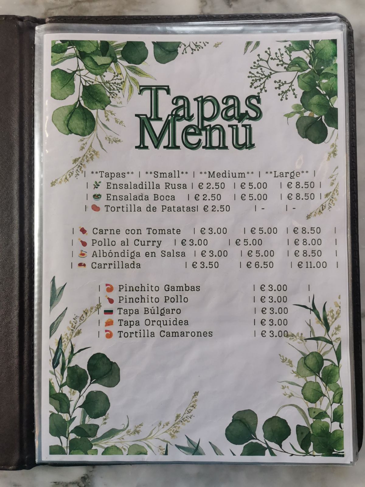 Menú de tapas de la cafetería
